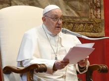 Pope Francis delivers a speech to all of the world’s ambassadors to the Vatican on Monday, Jan. 8, 2024.
