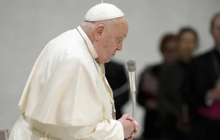 Pope Francis prays during his Wednesday general audience on Feb. 5, 2025, in the Paul VI Audience Hall at the Vatican. Credit: Vatican Media