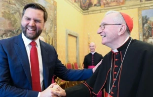 U.S. Vice President JD Vance shares a moment of laughter with Cardinal Pietro Parolin, Vatican secretary of state, during their meeting at the Vatican on Holy Saturday, April 19, 2025. Credit: Vatican Media/Screenshot